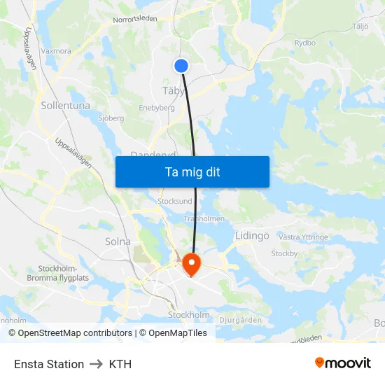 Ensta Station to KTH map
