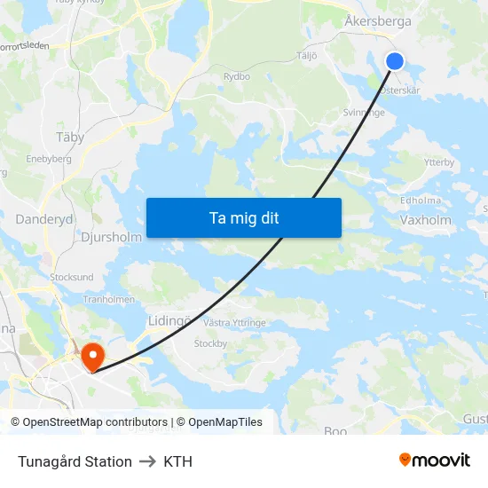 Tunagård Station to KTH map