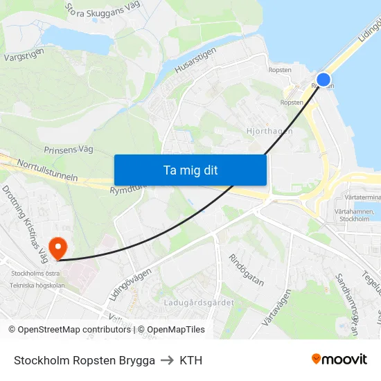 Stockholm Ropsten Brygga to KTH map