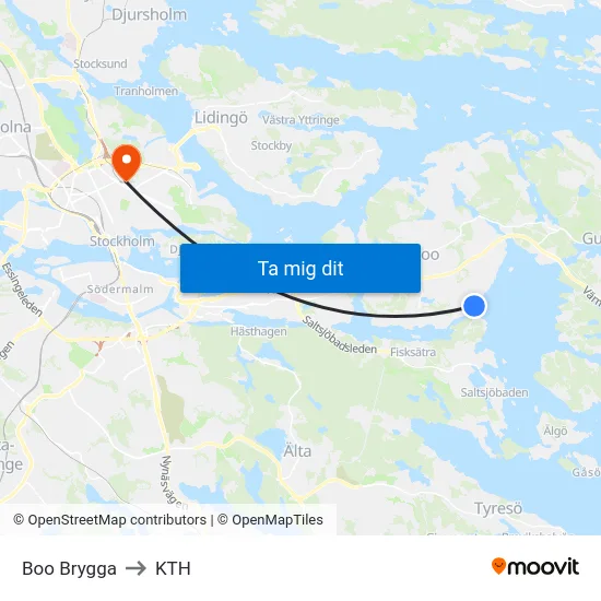 Boo Brygga to KTH map