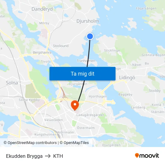 Ekudden Brygga to KTH map