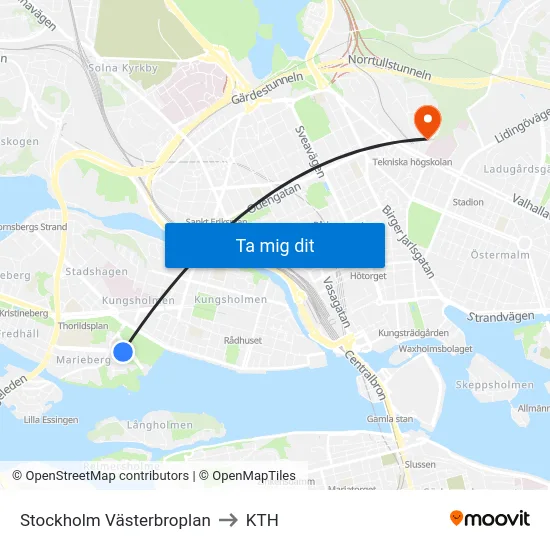 Stockholm Västerbroplan to KTH map