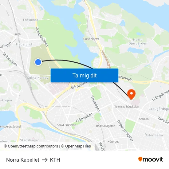 Norra Kapellet to KTH map