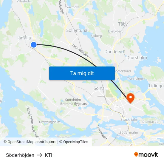 Söderhöjden to KTH map