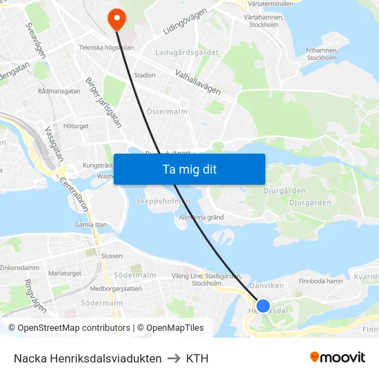 Nacka Henriksdalsviadukten to KTH map