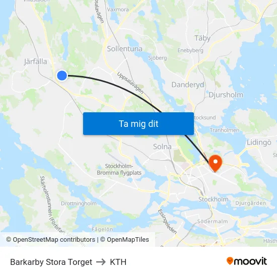 Barkarby Stora Torget to KTH map