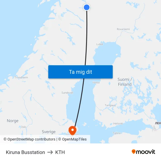 Kiruna Busstation to KTH map