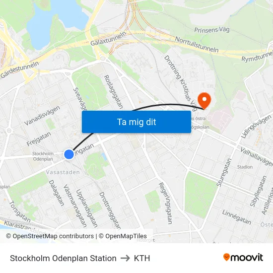 Stockholm Odenplan Station to KTH map