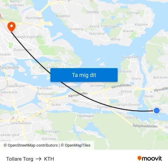 Tollare Torg to KTH map