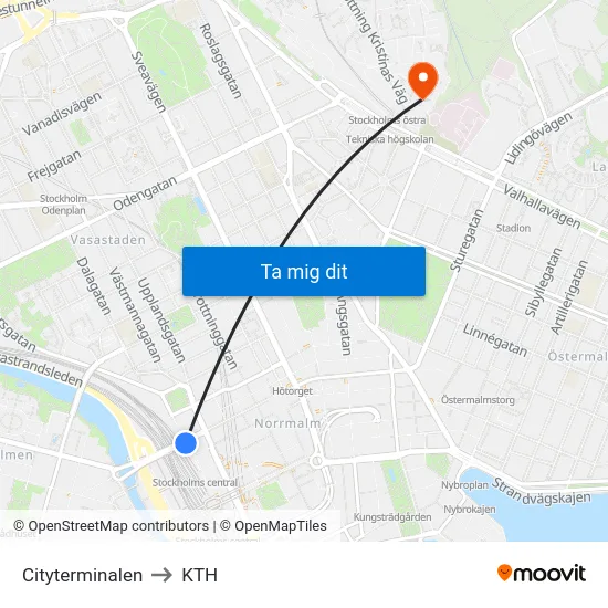 Cityterminalen to KTH map