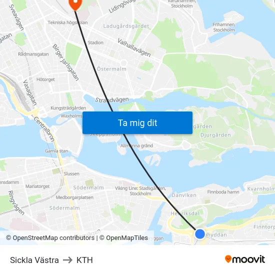 Sickla Västra to KTH map