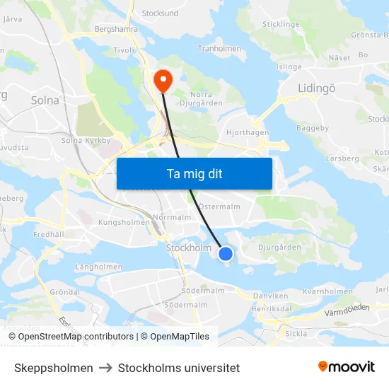 Skeppsholmen to Stockholms universitet map