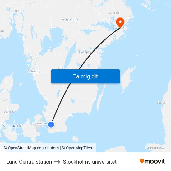 Lund Centralstation to Stockholms universitet map