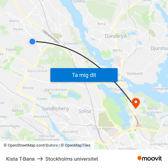 Kista T-Bana to Stockholms universitet map