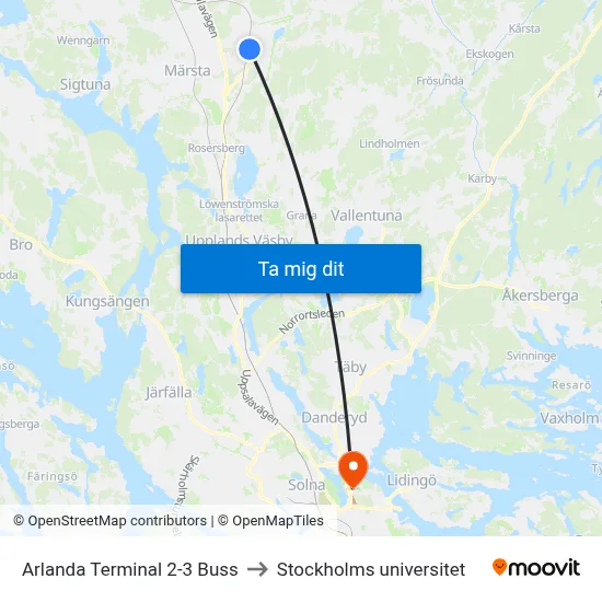 Arlanda Terminal 2-3 Buss to Stockholms universitet map
