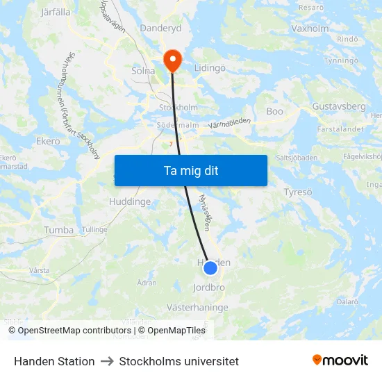 Handen Station to Stockholms universitet map