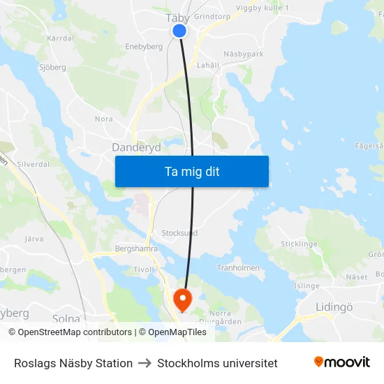 Roslags Näsby Station to Stockholms universitet map
