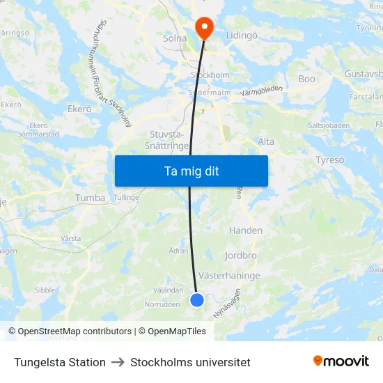 Tungelsta Station to Stockholms universitet map