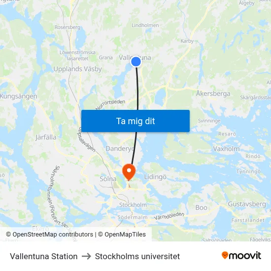 Vallentuna Station to Stockholms universitet map