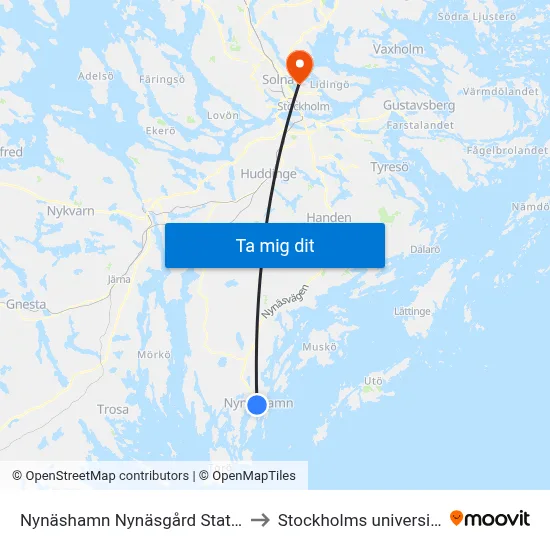 Nynäshamn Nynäsgård Station to Stockholms universitet map