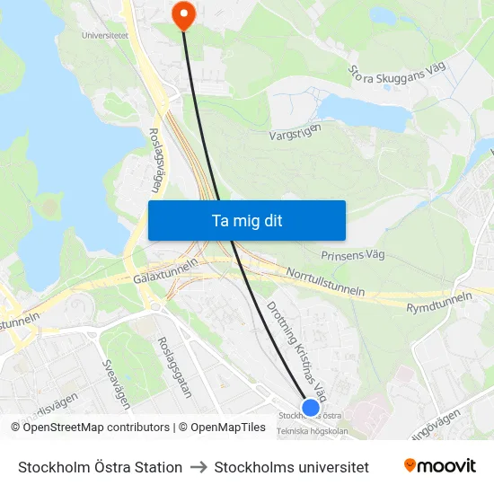 Stockholm Östra Station to Stockholms universitet map