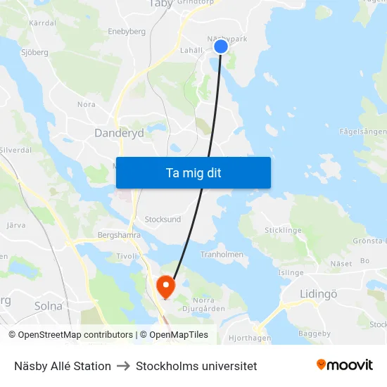 Näsby Allé Station to Stockholms universitet map