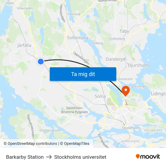 Barkarby Station to Stockholms universitet map