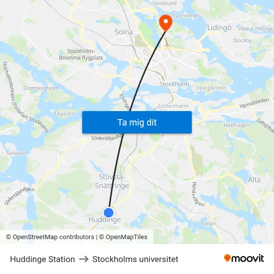 Huddinge Station to Stockholms universitet map