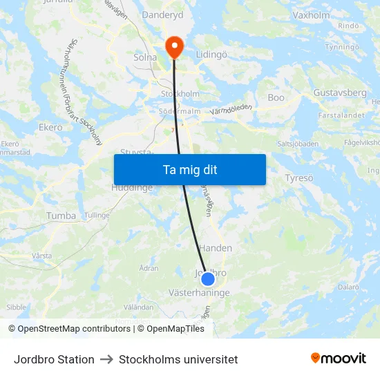 Jordbro Station to Stockholms universitet map