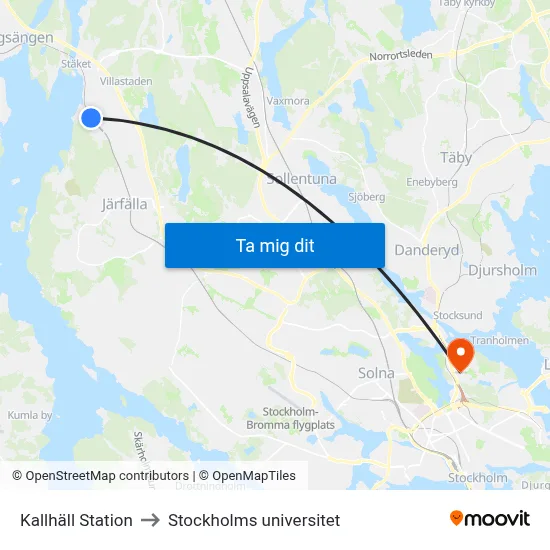 Kallhäll Station to Stockholms universitet map