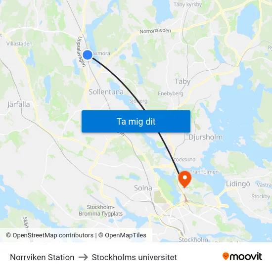 Norrviken Station to Stockholms universitet map