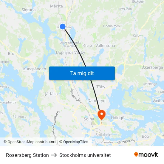 Rosersberg Station to Stockholms universitet map