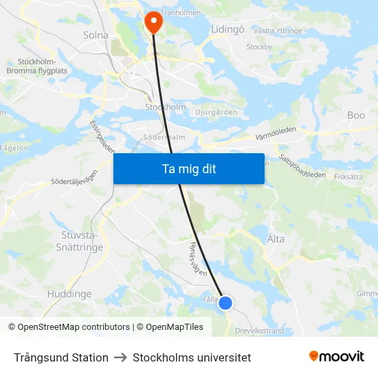 Trångsund Station to Stockholms universitet map