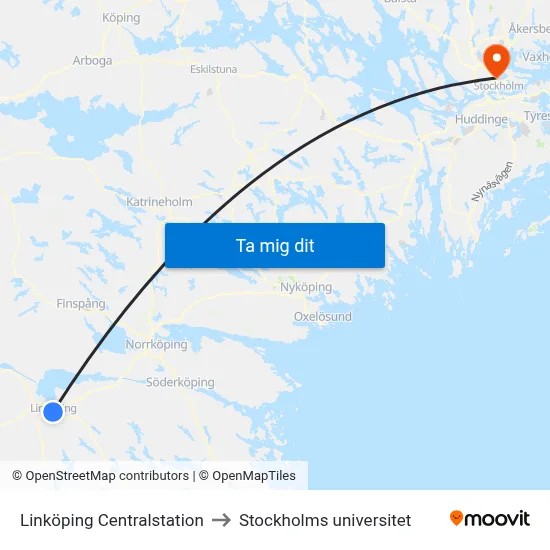 Linköping Centralstation to Stockholms universitet map
