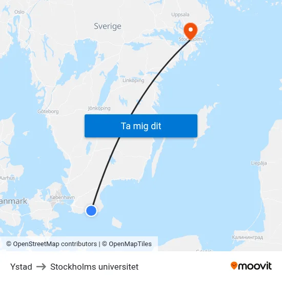 Ystad to Stockholms universitet map