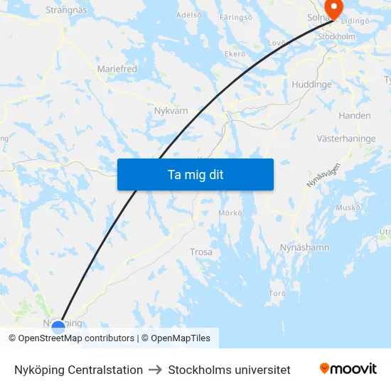 Nyköping Centralstation to Stockholms universitet map