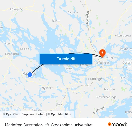 Mariefred Busstation to Stockholms universitet map