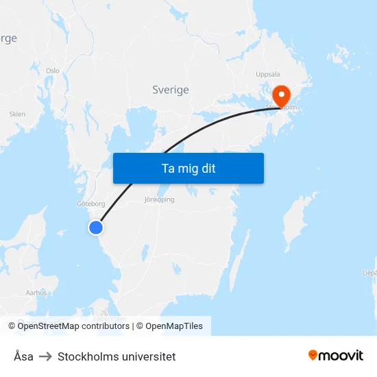 Åsa to Stockholms universitet map