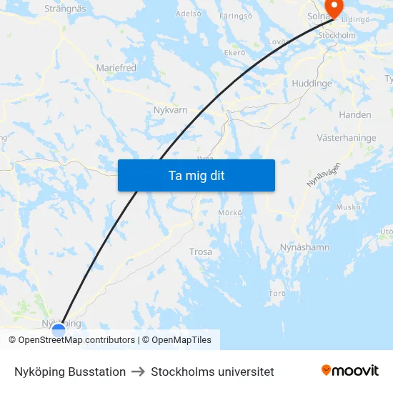 Nyköping Busstation to Stockholms universitet map
