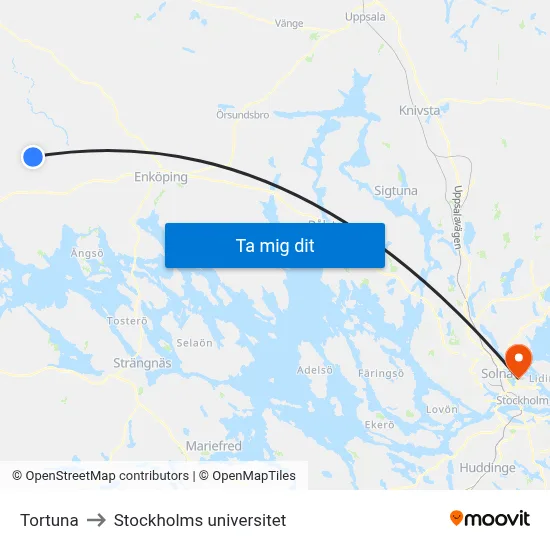 Tortuna to Stockholms universitet map