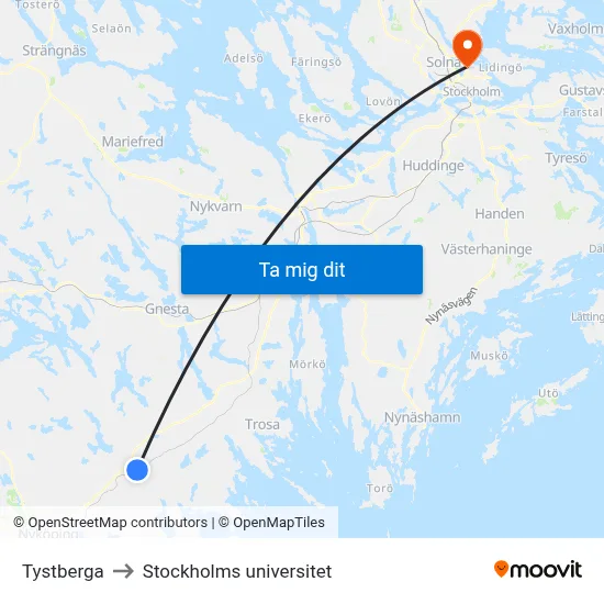 Tystberga to Stockholms universitet map