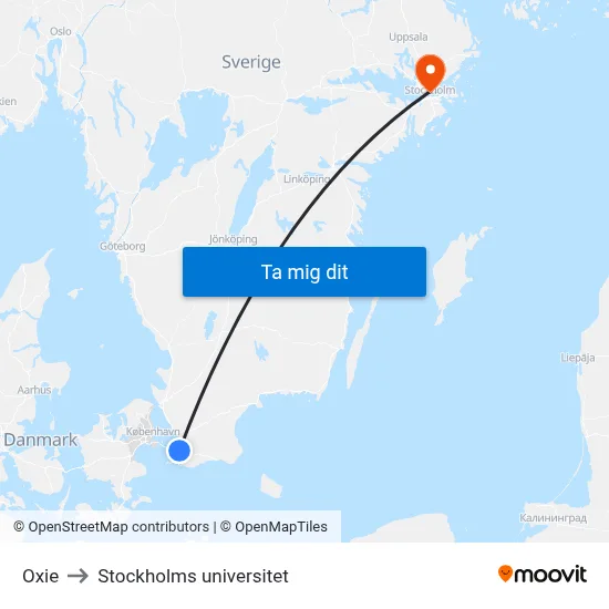 Oxie to Stockholms universitet map