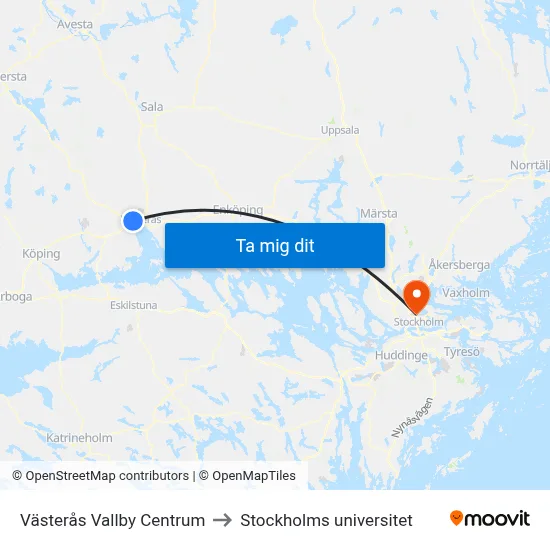 Västerås Vallby Centrum to Stockholms universitet map