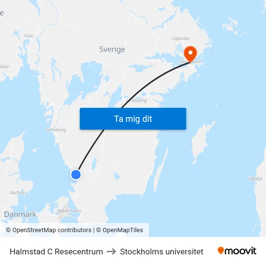 Halmstad C Resecentrum to Stockholms universitet map