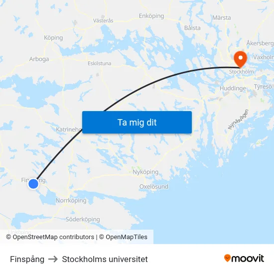 Finspång to Stockholms universitet map