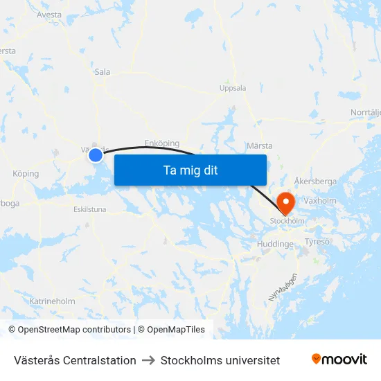 Västerås Centralstation to Stockholms universitet map