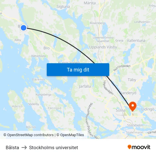 Bålsta to Stockholms universitet map