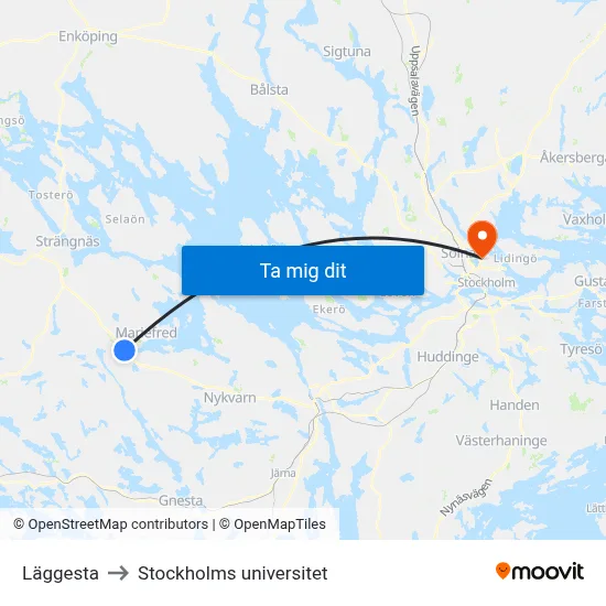 Läggesta to Stockholms universitet map
