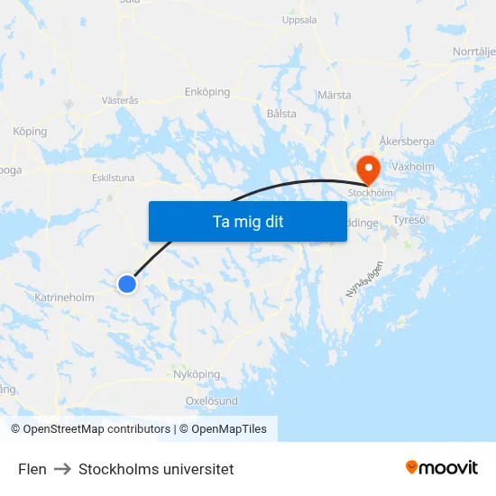 Flen to Stockholms universitet map