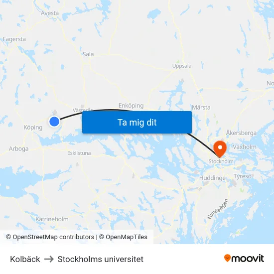 Kolbäck to Stockholms universitet map